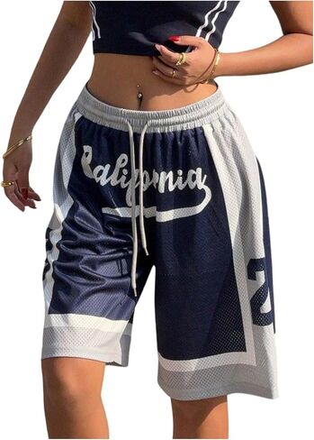 Gorglitter Women's Womgy High Weaist Shorts Shorts Color Block Print Summer فضفاضة على نطاق واسع في كرة السلة in Saudi Arabia