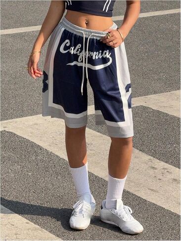 Gorglitter Women's Womgy High Weaist Shorts Shorts Color Block Print Summer فضفاضة على نطاق واسع في كرة السلة in Saudi Arabia