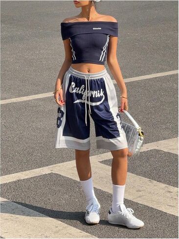 Gorglitter Women's Womgy High Weaist Shorts Shorts Color Block Print Summer فضفاضة على نطاق واسع في كرة السلة in Saudi Arabia