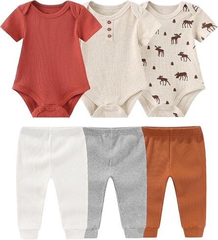 Ruliby Baby Bodysuit and Pant Set 6-pcs Ribbed Soft Infant Boy Girl Clothes Outfits in Saudi Arabia