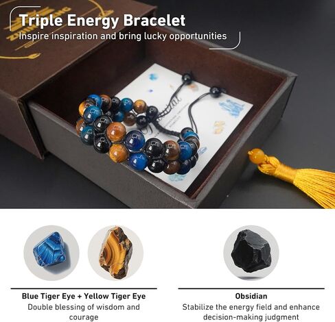 Triple Protection Energy Bracelet, Healing Crystals for Negative Energy Protection, Unisex Amulet with Obsidian, Tiger Eye, and Onyx Stones, Spiritual Jewelry for Men and Women, Healing, Manifestation, and Wellness in Kuwait