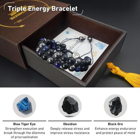 Triple Protection Energy Bracelet, Healing Crystals for Negative Energy Protection, Unisex Amulet with Obsidian, Tiger Eye, and Onyx Stones, Spiritual Jewelry for Men and Women, Healing, Manifestation, and Wellness in Kuwait