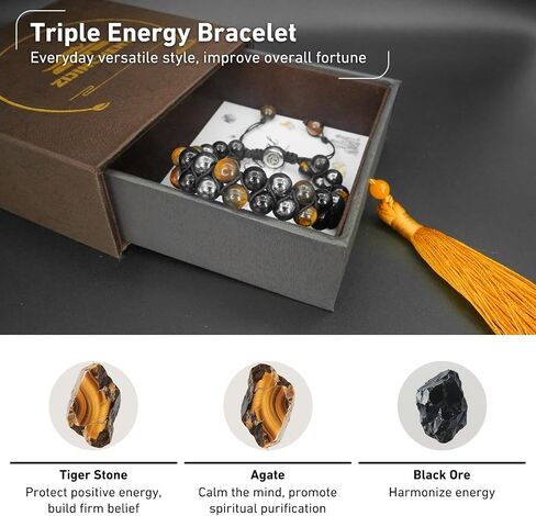 Triple Protection Energy Bracelet, Healing Crystals for Negative Energy Protection, Unisex Amulet with Obsidian, Tiger Eye, and Onyx Stones, Spiritual Jewelry for Men and Women, Healing, Manifestation, and Wellness in Kuwait