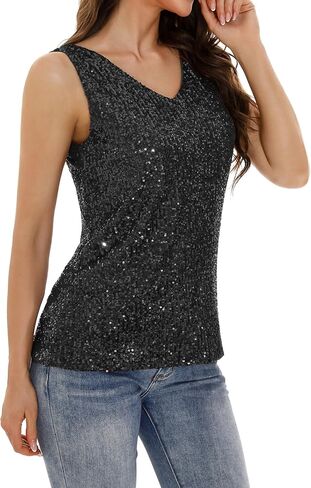 GUANYY Women's Sequin Tank Tops V Neck Sleeveless Sparkly Dressy Blouse Loose Fit Glitter Party Club Outfits in Kuwait