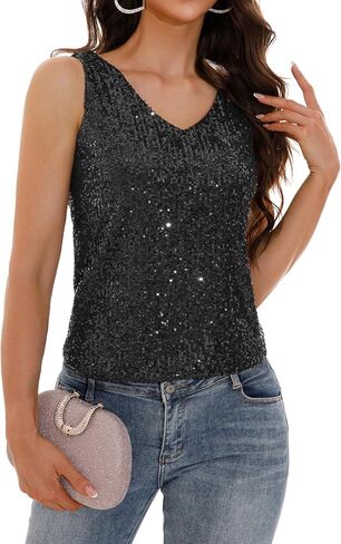GUANYY Women's Sequin Tank Tops V Neck Sleeveless Sparkly Dressy Blouse Loose Fit Glitter Party Club Outfits in Kuwait