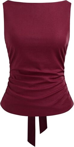CIDER Shirts for Women Boat Neck Sleeveless Tank Top Linen Blend Solid Bowknot Regular Fit Blouses Woman in Saudi Arabia