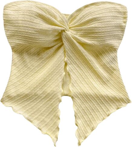 Milumia Women Strapless Twist Front Textured Lettuce Trim Slit Hem Crop Tube Top in Saudi Arabia