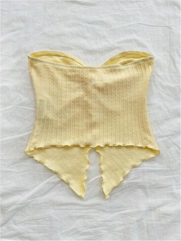 Milumia Women Strapless Twist Front Textured Lettuce Trim Slit Hem Crop Tube Top in Saudi Arabia