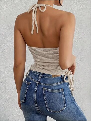 OYOANGLE Women's Metal Strap Ruched Tie Back Halter Tops Sleeveless Waffle Knit Tie Side Cami Tops in Kuwait