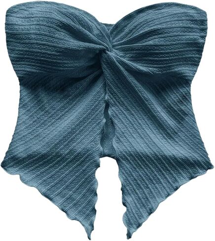 Milumia Women Strapless Twist Front Textured Lettuce Trim Slit Hem Crop Tube Top in Saudi Arabia
