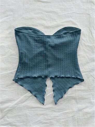 Milumia Women Strapless Twist Front Textured Lettuce Trim Slit Hem Crop Tube Top in Saudi Arabia