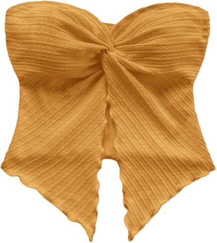 Milumia Women Strapless Twist Front Textured Lettuce Trim Slit Hem Crop Tube Top in Saudi Arabia