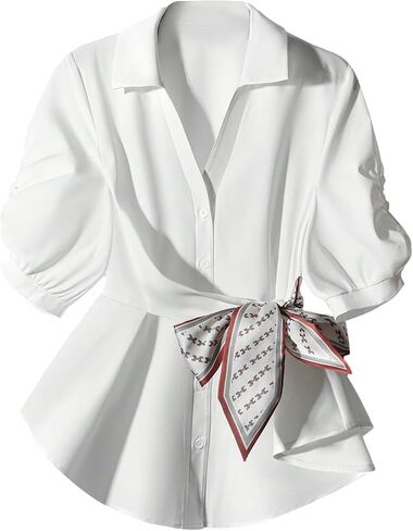 Floerns Women's Chiffon V Neck Button Down Shirt Tie Side Short Sleeve Peplum Blouse in Saudi Arabia