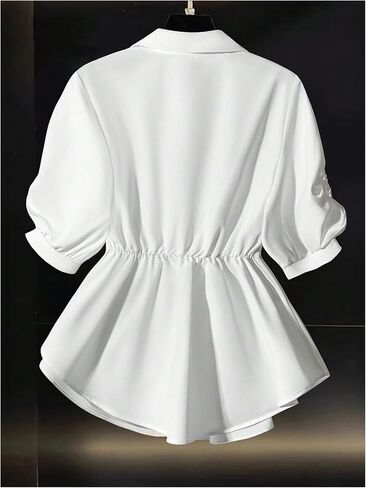 Floerns Women's Chiffon V Neck Button Down Shirt Tie Side Short Sleeve Peplum Blouse in Saudi Arabia