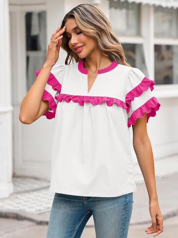 Tankaneo Womens Ruffle Sleeve Babydoll Tops Color Block Summer V Neck Pleated Blouse Dressy Casual Loose Fit Shirts in Saudi Arabia