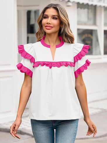 Tankaneo Womens Ruffle Sleeve Babydoll Tops Color Block Summer V Neck Pleated Blouse Dressy Casual Loose Fit Shirts in Saudi Arabia