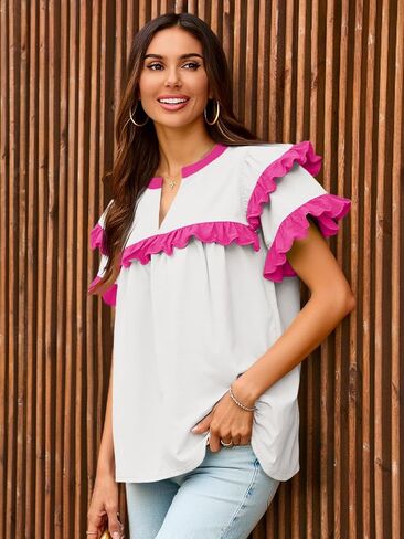 Tankaneo Womens Ruffle Sleeve Babydoll Tops Color Block Summer V Neck Pleated Blouse Dressy Casual Loose Fit Shirts in Saudi Arabia