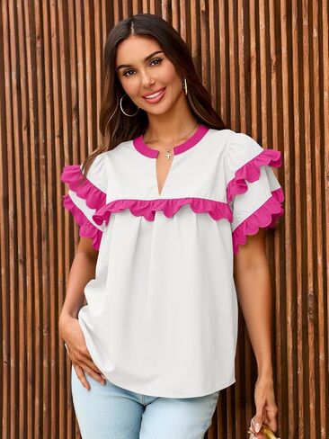 Tankaneo Womens Ruffle Sleeve Babydoll Tops Color Block Summer V Neck Pleated Blouse Dressy Casual Loose Fit Shirts in Saudi Arabia