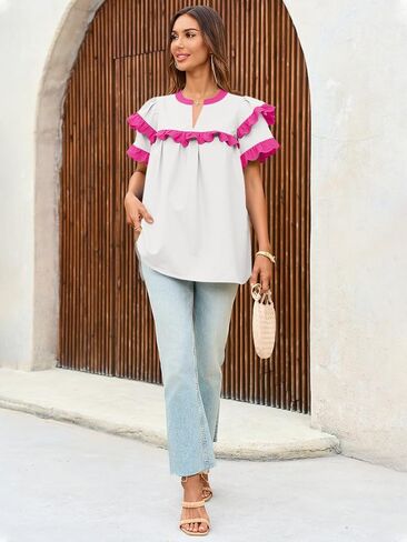 Tankaneo Womens Ruffle Sleeve Babydoll Tops Color Block Summer V Neck Pleated Blouse Dressy Casual Loose Fit Shirts in Saudi Arabia