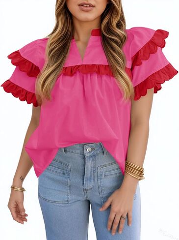 Tankaneo Womens Ruffle Sleeve Babydoll Tops Color Block Summer V Neck Pleated Blouse Dressy Casual Loose Fit Shirts in Saudi Arabia