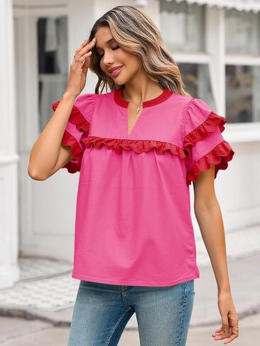 Tankaneo Womens Ruffle Sleeve Babydoll Tops Color Block Summer V Neck Pleated Blouse Dressy Casual Loose Fit Shirts in Saudi Arabia