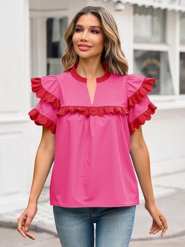 Tankaneo Womens Ruffle Sleeve Babydoll Tops Color Block Summer V Neck Pleated Blouse Dressy Casual Loose Fit Shirts in Saudi Arabia
