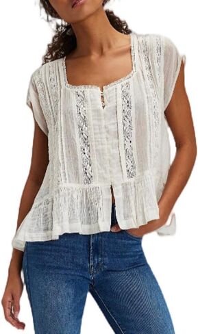 Women Lace Flowy Peplum Tops Boho Bow Tie Front Western Shirts Beach Sheer Ruffle Trim Short Sleeve Peasant Blouse in Kuwait