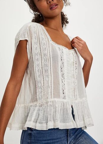 Women Lace Flowy Peplum Tops Boho Bow Tie Front Western Shirts Beach Sheer Ruffle Trim Short Sleeve Peasant Blouse in Kuwait