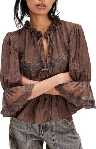 Women Lace Flowy Peplum Tops Boho Bow Tie Front Western Shirts Beach Sheer Ruffle Trim Short Sleeve Peasant Blouse in Kuwait