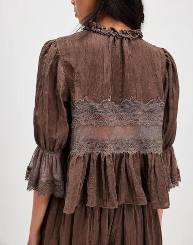 Women Lace Flowy Peplum Tops Boho Bow Tie Front Western Shirts Beach Sheer Ruffle Trim Short Sleeve Peasant Blouse in Kuwait