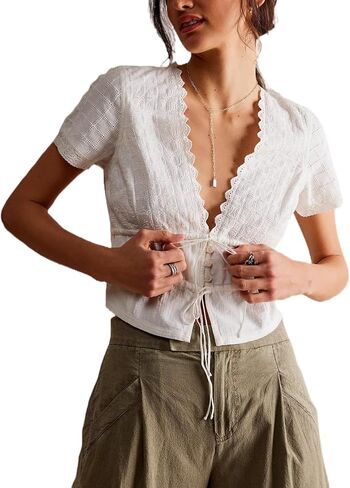 Women Lace Flowy Peplum Tops Boho Bow Tie Front Western Shirts Beach Sheer Ruffle Trim Short Sleeve Peasant Blouse in Kuwait