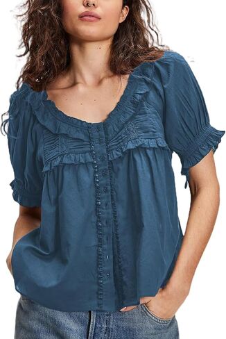Women Lace Flowy Peplum Tops Boho Bow Tie Front Western Shirts Beach Sheer Ruffle Trim Short Sleeve Peasant Blouse in Kuwait