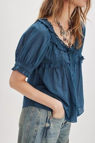 Women Lace Flowy Peplum Tops Boho Bow Tie Front Western Shirts Beach Sheer Ruffle Trim Short Sleeve Peasant Blouse in Kuwait