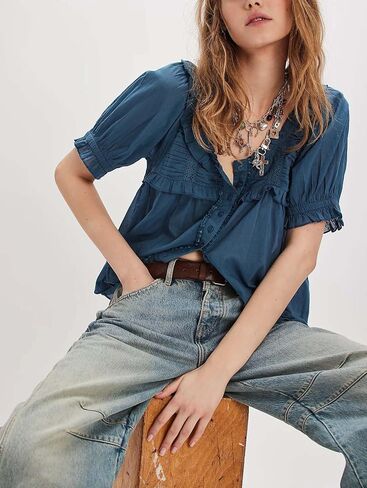 Women Lace Flowy Peplum Tops Boho Bow Tie Front Western Shirts Beach Sheer Ruffle Trim Short Sleeve Peasant Blouse in Kuwait