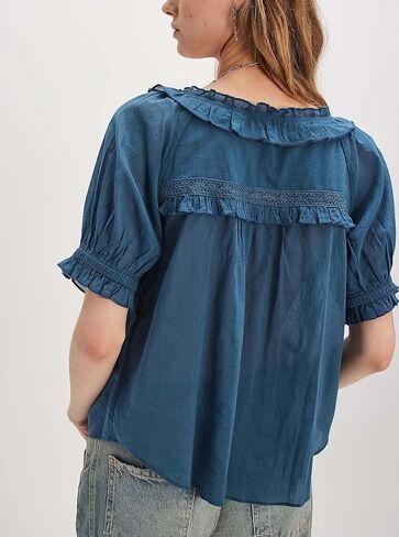 Women Lace Flowy Peplum Tops Boho Bow Tie Front Western Shirts Beach Sheer Ruffle Trim Short Sleeve Peasant Blouse in Kuwait