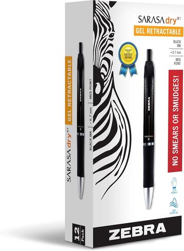 Zebra Pen Sarasa Dry X1 Retractable Gel Pen, Medium Point, 0.7mm, Black Ink, 12-Pack in Saudi Arabia