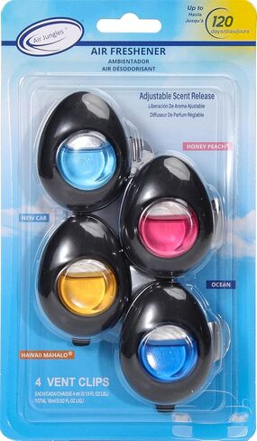 Air Jungles Car Air Freshener Vent Clip 4 Count, Variety Pack, New Car, Honey Peach, Ocean, Hawaii, 4 ml Each, Long-Lasting Car Odor Eliminator, Up to 120 Days Freshness for Auto in Kuwait