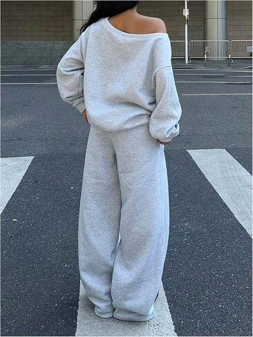 Women's Sweatsuits 2 Piece Set Off The Shoulder Oversized Sweatshirts and Wide Leg Sweatpants Fall Clothes in Saudi Arabia