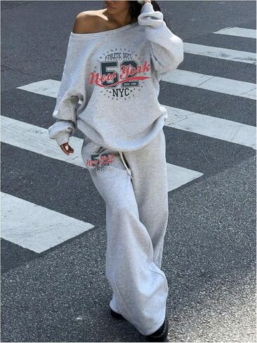 Women's Sweatsuits 2 Piece Set Off The Shoulder Oversized Sweatshirts and Wide Leg Sweatpants Fall Clothes in Saudi Arabia