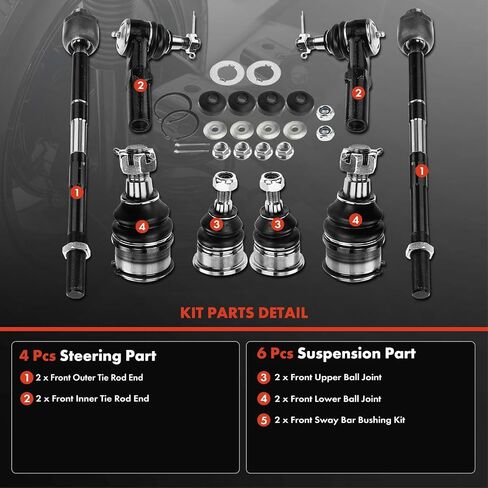 A-Premium Set of 10, Front Upper Lower Ball Joint, Inner Outer Tie Rod End, Sway Bar Link Bushing, Compatible with Dodge Ram 1500 2006-2008, Ram 2500 2006-2010, Ram 3500 2007-2010, RWD Only in Saudi Arabia