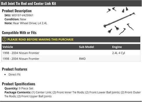 Ball Joint Tie Rod and Center Link Kit - 9 Piece - Compatible with 1998-2004 Nissan Frontier RWD 2.4L 4-Cylinder in Saudi Arabia