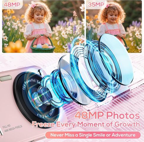 Digital Camera for Kids, WITYEAH 48MP FHD 1080P Point and Shoot Digital Cameras with 16X Zoom Anti-Shake, Compact Portable Cameras for Photography, for Boys Girls Teens Beginners-Pink in Saudi Arabia