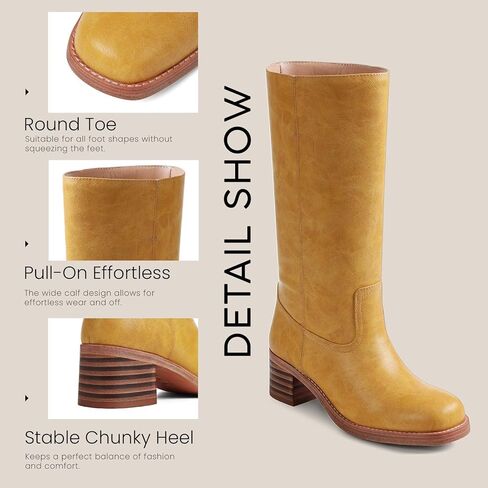 VOMIRA Women's Knee High Boots Wide Calf Boots Black Boots Square Toe Chunky Block Heel Long Boots Pull On Riding Boots Knight Boots Casual Comfortable Low Heel Womens Boots in Kuwait