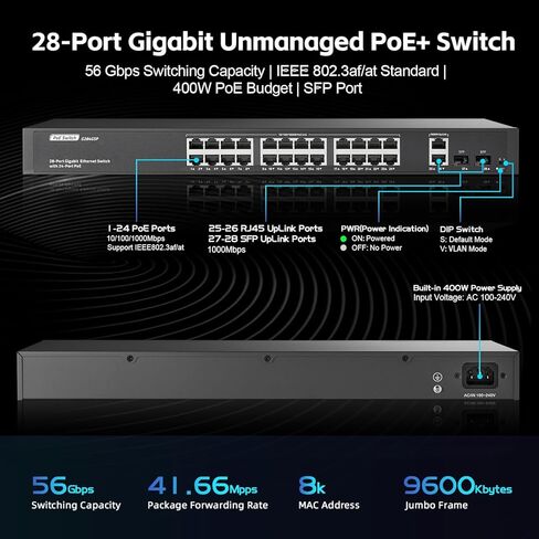 YuLinca 6 Port Mini Gigabit PoE Switch with 4 PoE+ Port, 1 Gigaibt RJ45 Uplink, 1 Gigabit SFP, IEEE802.3af/at, Max 65W, Metal Fanless Plug & Play Ethernet Switch in Kuwait