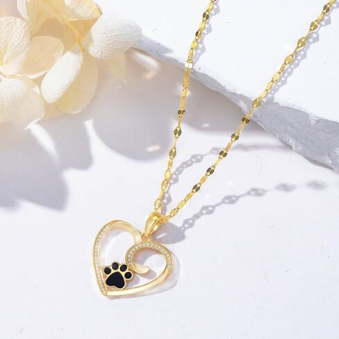 SISGEM 14k Gold Created Moissanite Paw Print Heart Necklace for Women, Dog Cat Lover Jewelry Gifts for Her (18" 14kt Gold Lip Chain) in Saudi Arabia