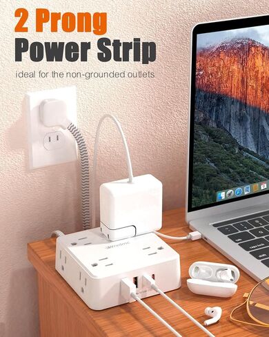 2 Prong Power Strip,WRXDMC 2 Prong to 3 Prong Outlet Adapter,1400J Two Prong Surge Protector,5ft Braided Extension Cord with Thin Flat Polarized Plug,8 AC&4 USB(2 Type-C),Wall Mountable for Old House in Kuwait
