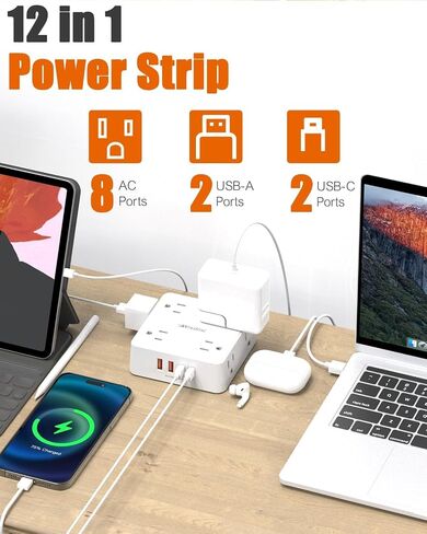 2 Prong Power Strip,WRXDMC 2 Prong to 3 Prong Outlet Adapter,1400J Two Prong Surge Protector,5ft Braided Extension Cord with Thin Flat Polarized Plug,8 AC&4 USB(2 Type-C),Wall Mountable for Old House in Kuwait