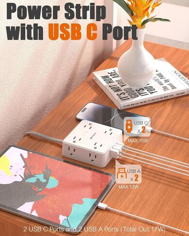 2 Prong Power Strip,WRXDMC 2 Prong to 3 Prong Outlet Adapter,1400J Two Prong Surge Protector,5ft Braided Extension Cord with Thin Flat Polarized Plug,8 AC&4 USB(2 Type-C),Wall Mountable for Old House in Kuwait