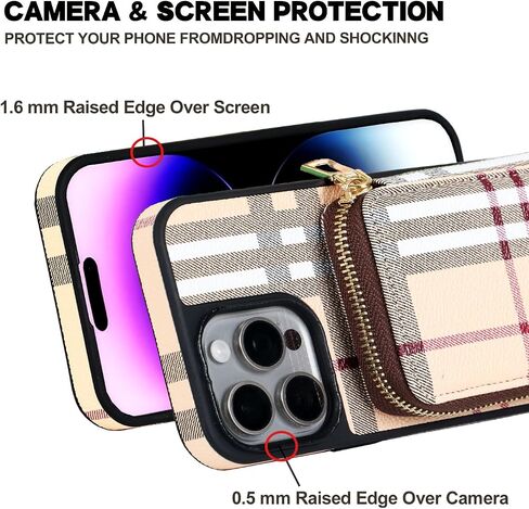 Designer Wallet Case for iPhone 15 Pro Max for Women，Luxury Classic Pattern Phone Case PU Leather Protective with Cash Card Holder Cover case for iPhone 15 Pro Max 6.7 inch Beige in Saudi Arabia