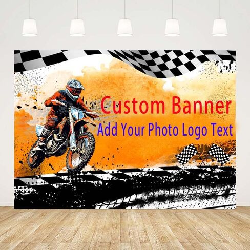 7 x 5 ft Motorcycle Birthday Party Backdrop Happy Birthday Photography Background Orange Motorcycle Black and White Flag Brick Birthday Party Decorations Banner Cake Table Photo Studio Props in Saudi Arabia